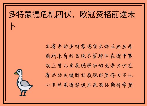 多特蒙德危机四伏，欧冠资格前途未卜